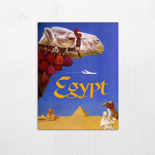 A medium size metal art poster display plate with printed design of a Egypt Fly TWA (1960) vintage poster by David Klein