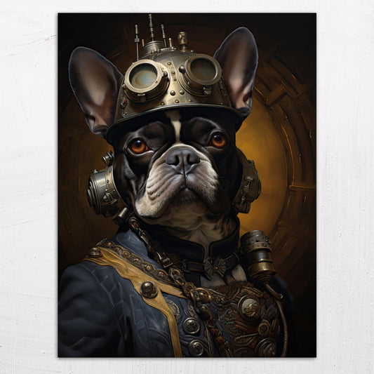 A large size metal art poster display plate with printed design of a Steampunk French Bulldog Painting