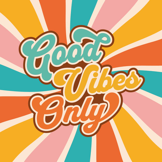 A nineteen seventies style typographic design quote that reads good vibes only with a colourful swirl behind metal poster artwork print
