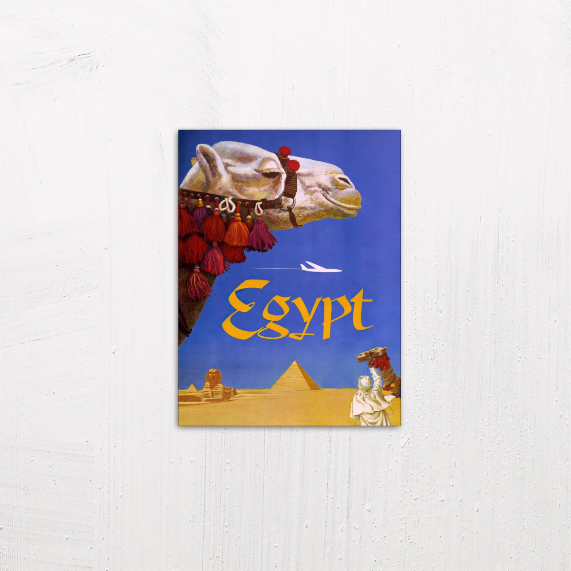 A small size metal art poster display plate with printed design of a Egypt Fly TWA (1960) vintage poster by David Klein