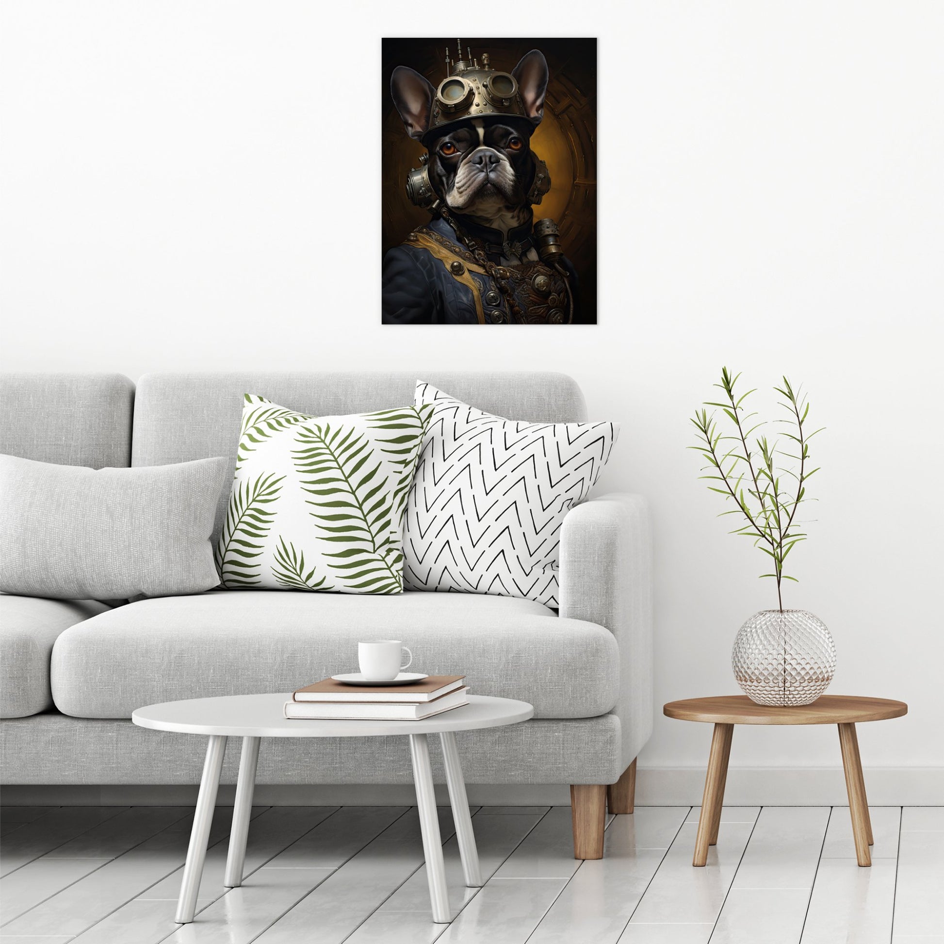 A contemporary modern room view showing a large size metal art poster display plate with printed design of a Steampunk French Bulldog Painting