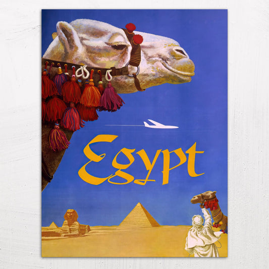 A large size metal art poster display plate with printed design of a Egypt Fly TWA (1960) vintage poster by David Klein