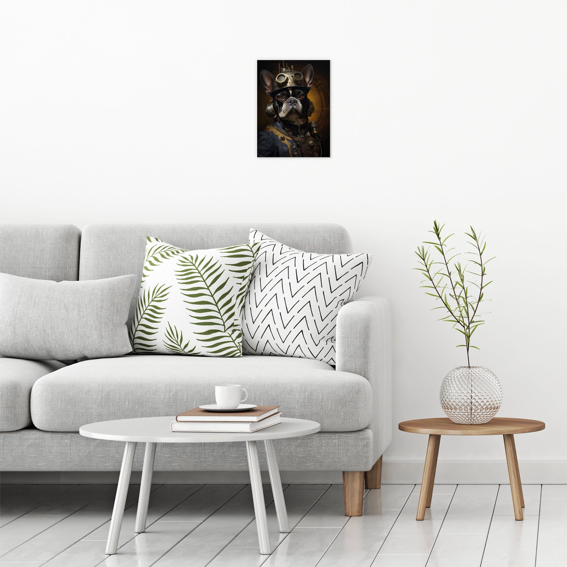 A contemporary modern room view showing a small size metal art poster display plate with printed design of a Steampunk French Bulldog Painting