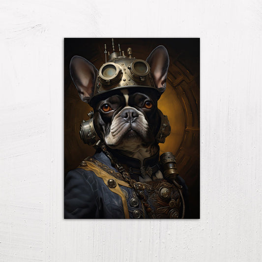 A medium size metal art poster display plate with printed design of a Steampunk French Bulldog Painting