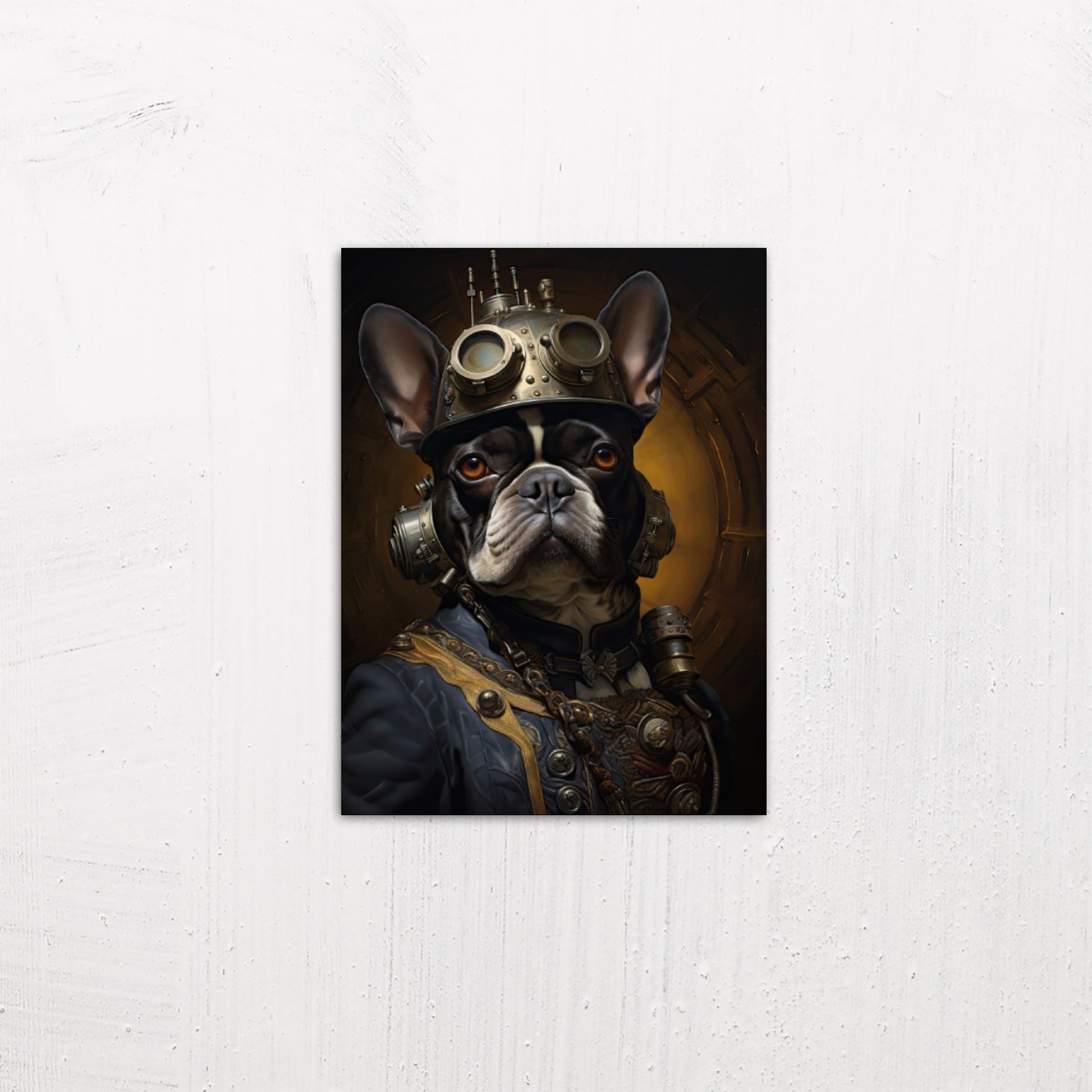 A small size metal art poster display plate with printed design of a Steampunk French Bulldog Painting