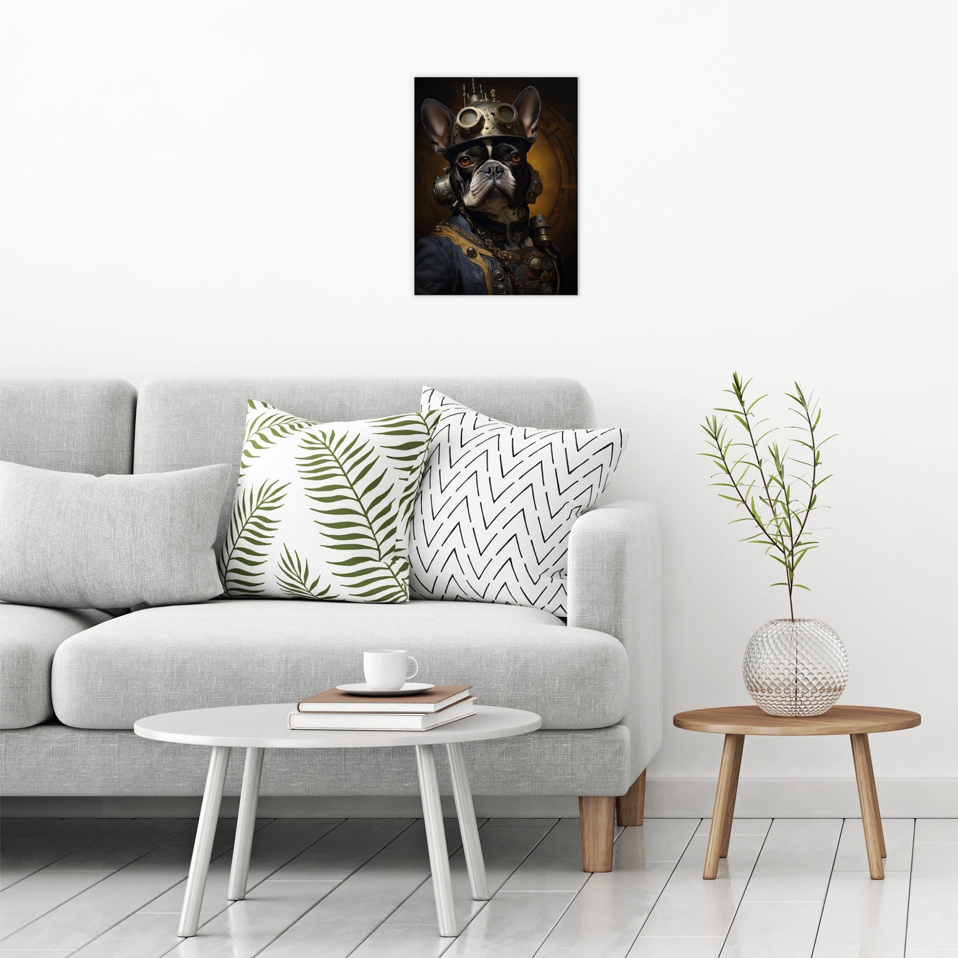 A contemporary modern room view showing a medium size metal art poster display plate with printed design of a Steampunk French Bulldog Painting