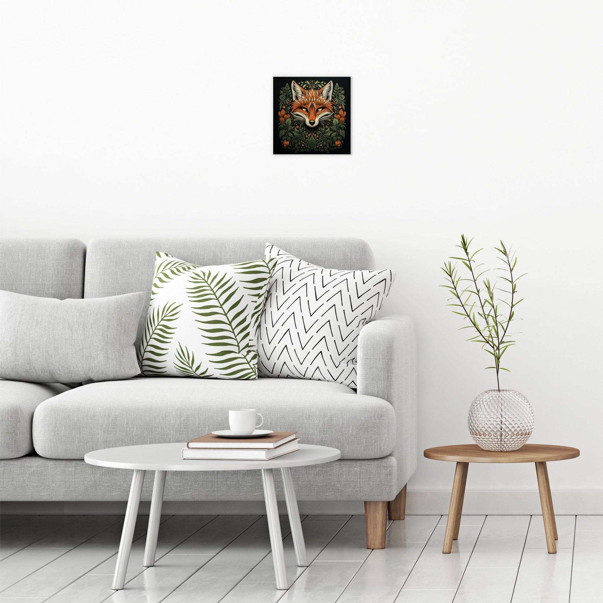 A contemporary modern room view showing a small size metal art poster display plate with printed design of a Fox and Foliage illustration