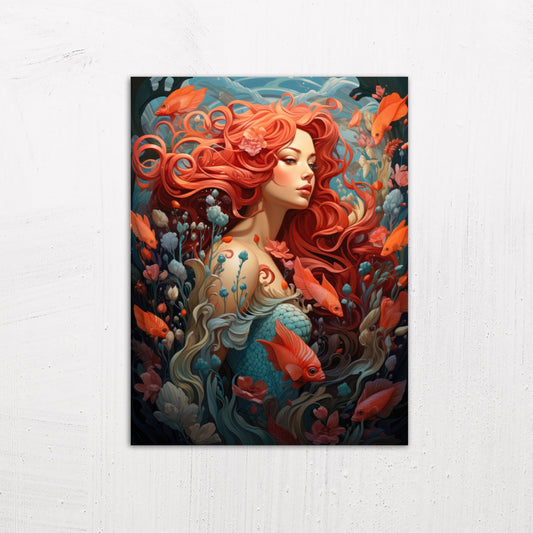A medium size metal art poster display plate with printed design of a Mermaid Fantasy Painting