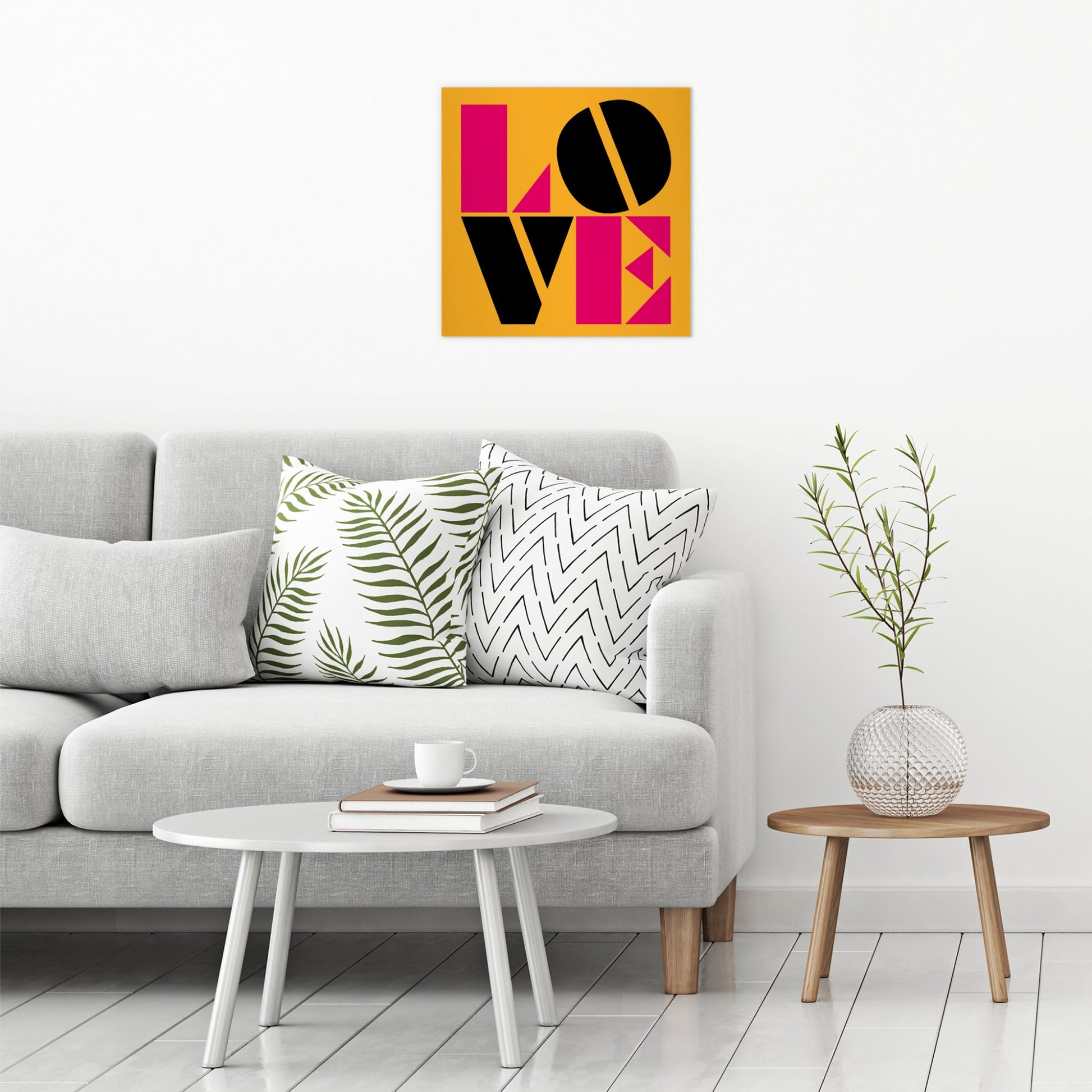A contemporary modern room view showing a large size metal art poster display plate with printed design of a Typographic Love Design