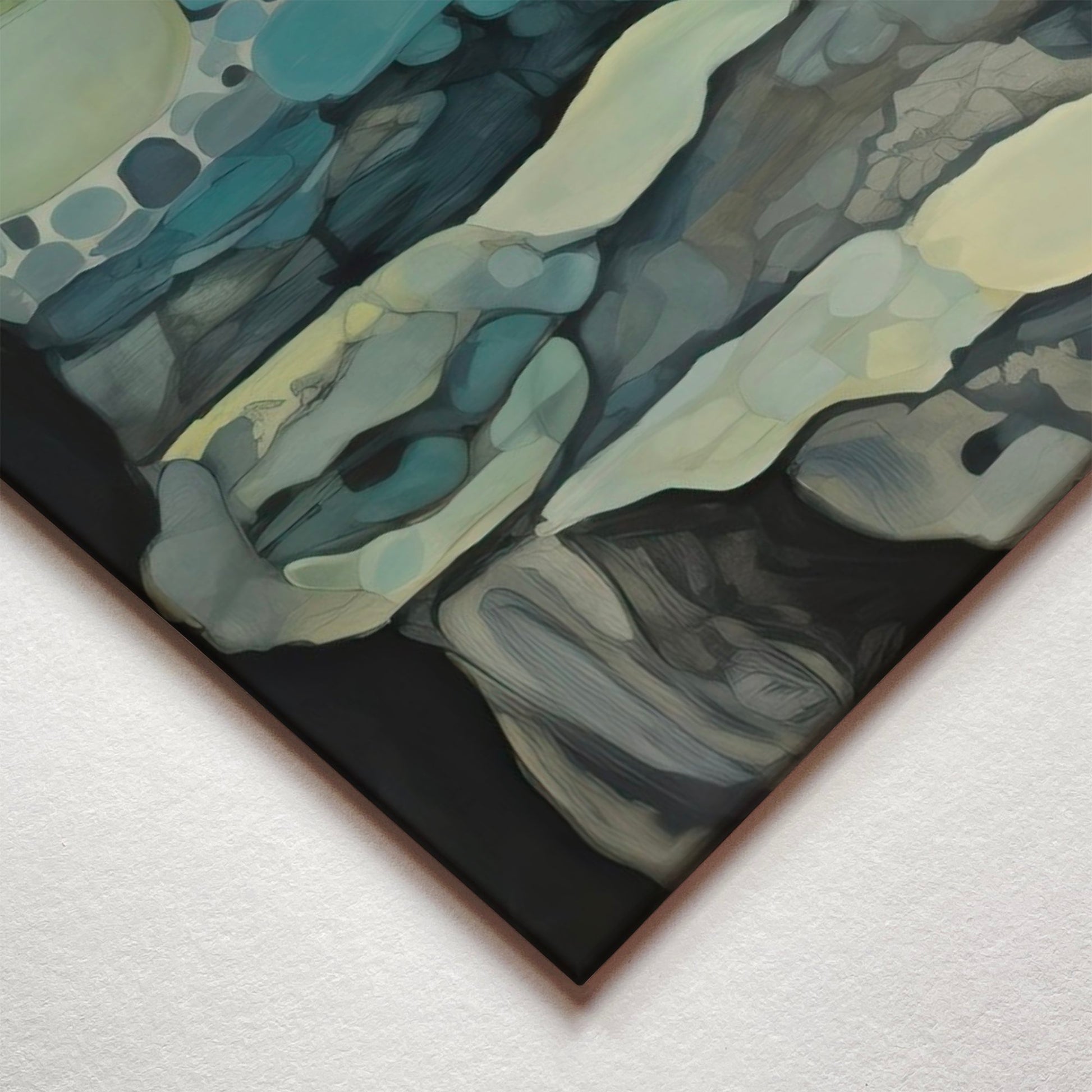 A closeup corner detail view of a metal art poster display plate with printed design of a Blue Rocks Abstract Painting