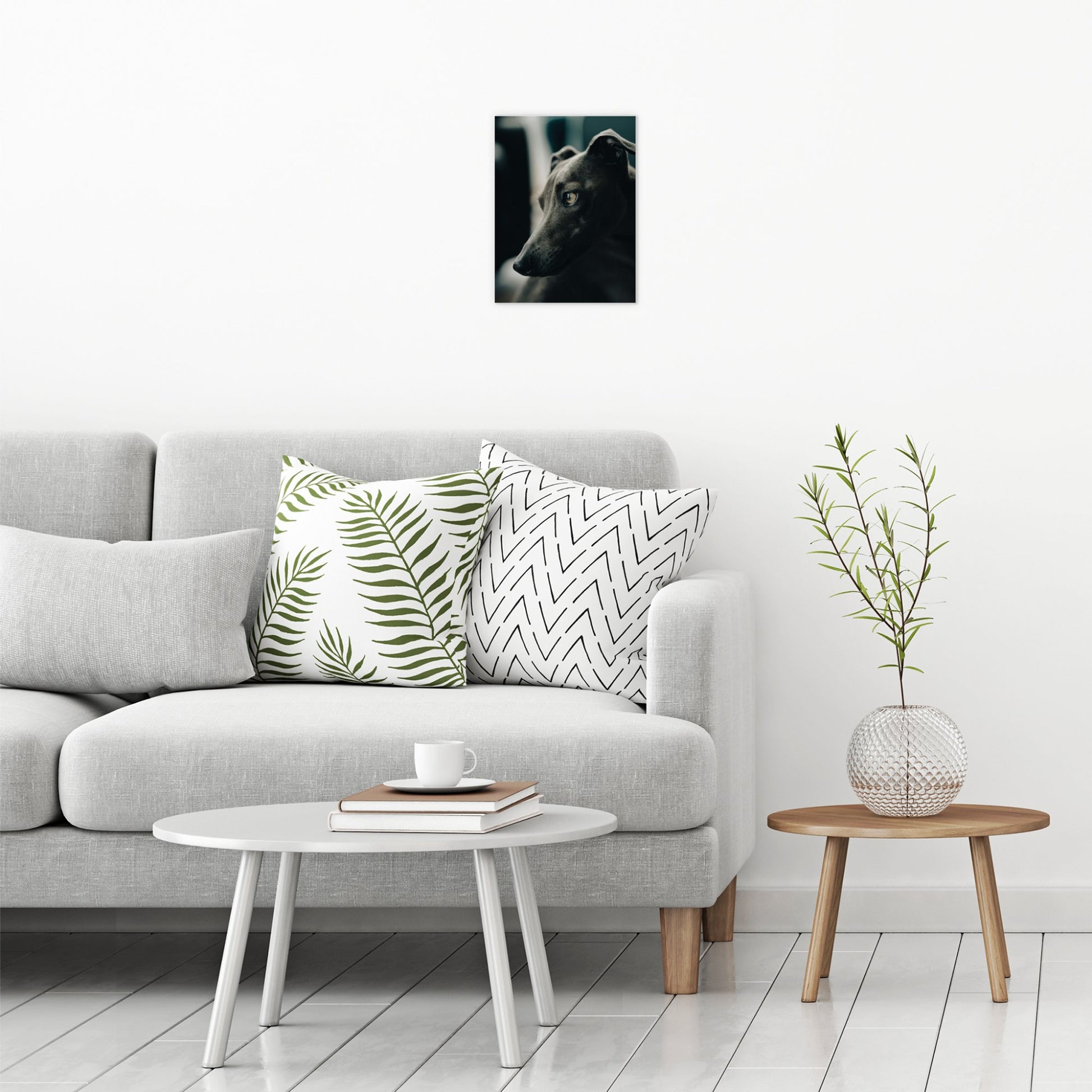 A contemporary modern room view showing a small size metal art poster display plate with printed design of a Black Whippet