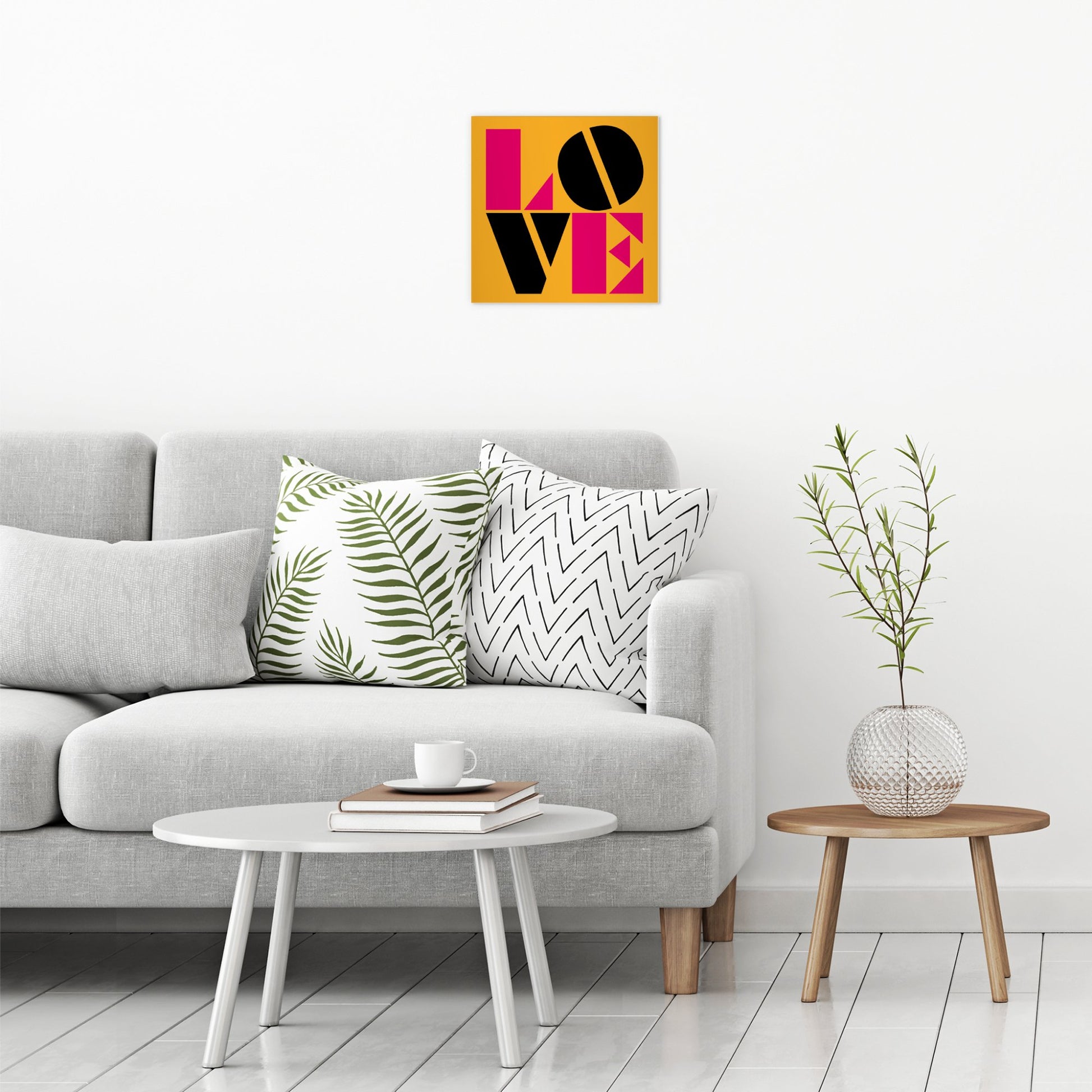 A contemporary modern room view showing a medium size metal art poster display plate with printed design of a Typographic Love Design