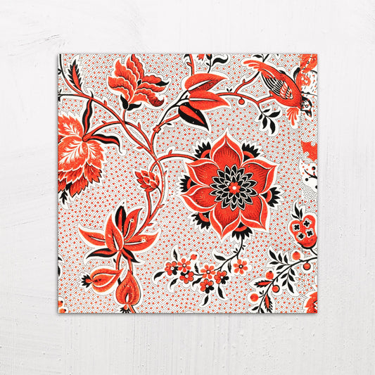 A large size metal art poster display plate with printed design of a Vintage Red Floral Wallpaper Pattern