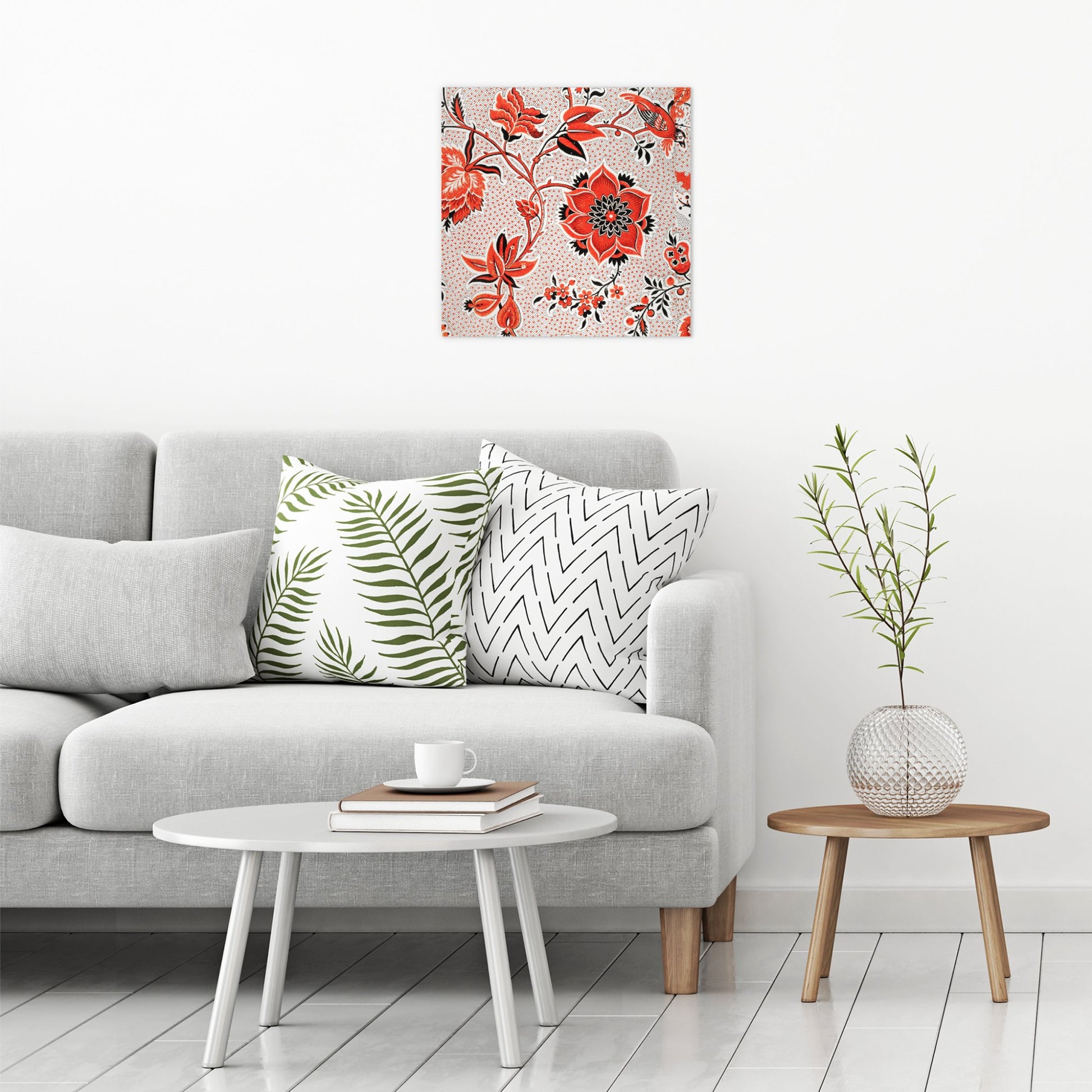 A contemporary modern room view showing a large size metal art poster display plate with printed design of a Vintage Red Floral Wallpaper Pattern