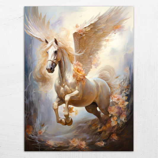 A large size metal art poster display plate with printed design of a Pegasus Flying Horse Fantasy Painting