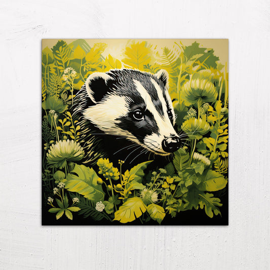 A large size metal art poster display plate with printed design of a Badger in the Garden illustration