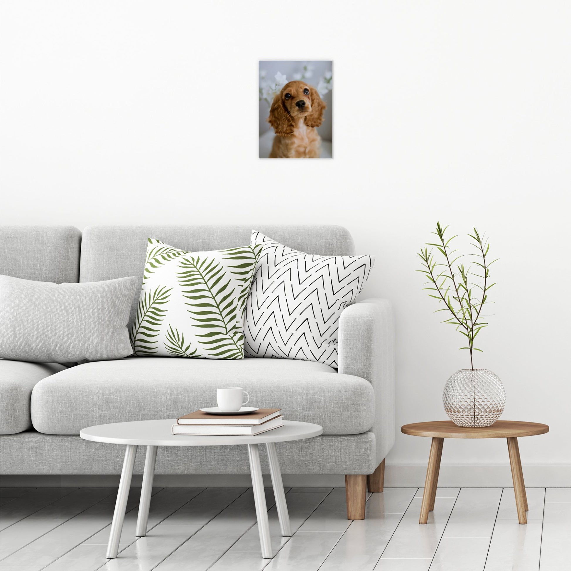 A contemporary modern room view showing a small size metal art poster display plate with printed design of a Cute Golden Cocker Spaniel