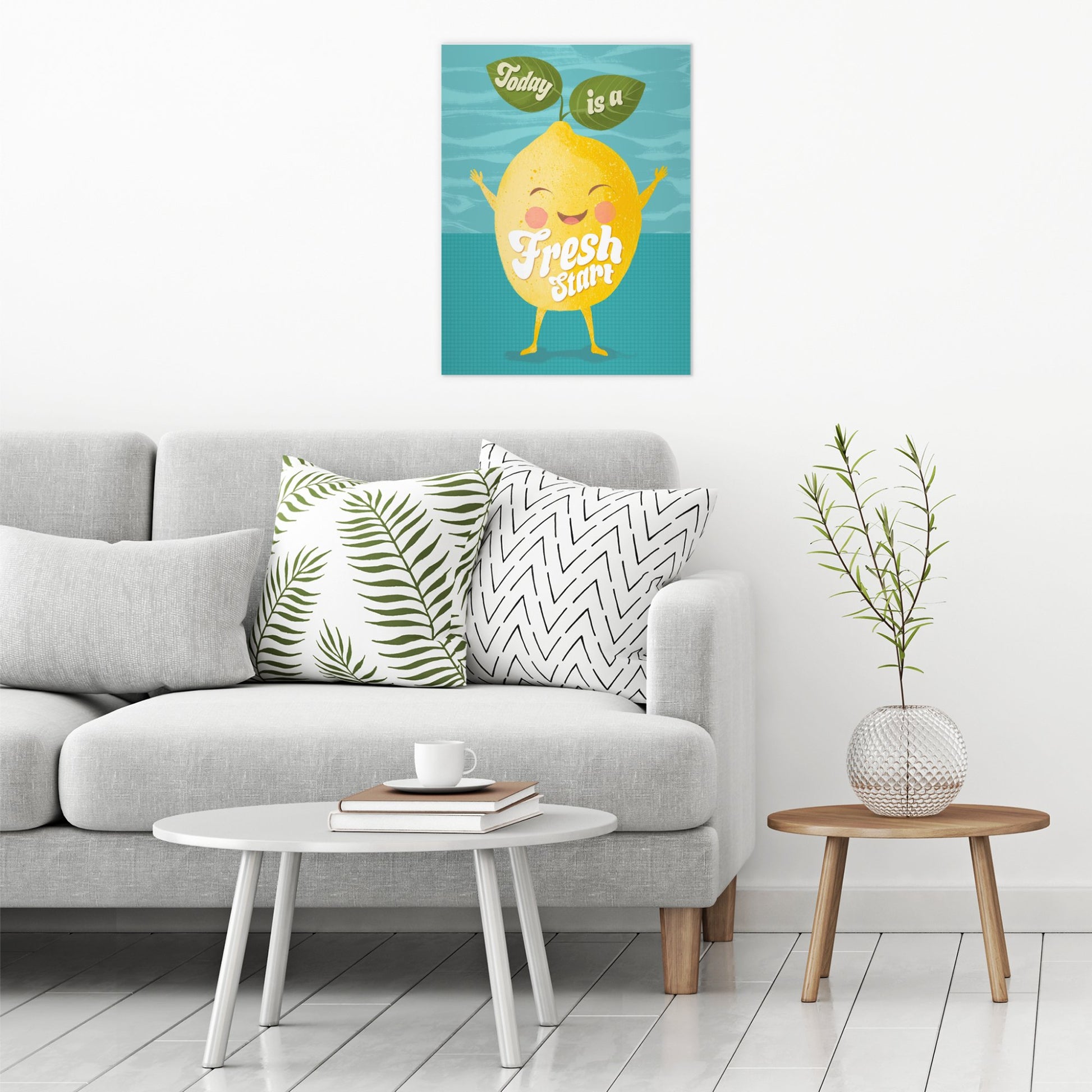 A contemporary modern room view showing a large size metal art poster display plate with printed design of a Cute Lemon Quote 'Today is a Fresh Start'