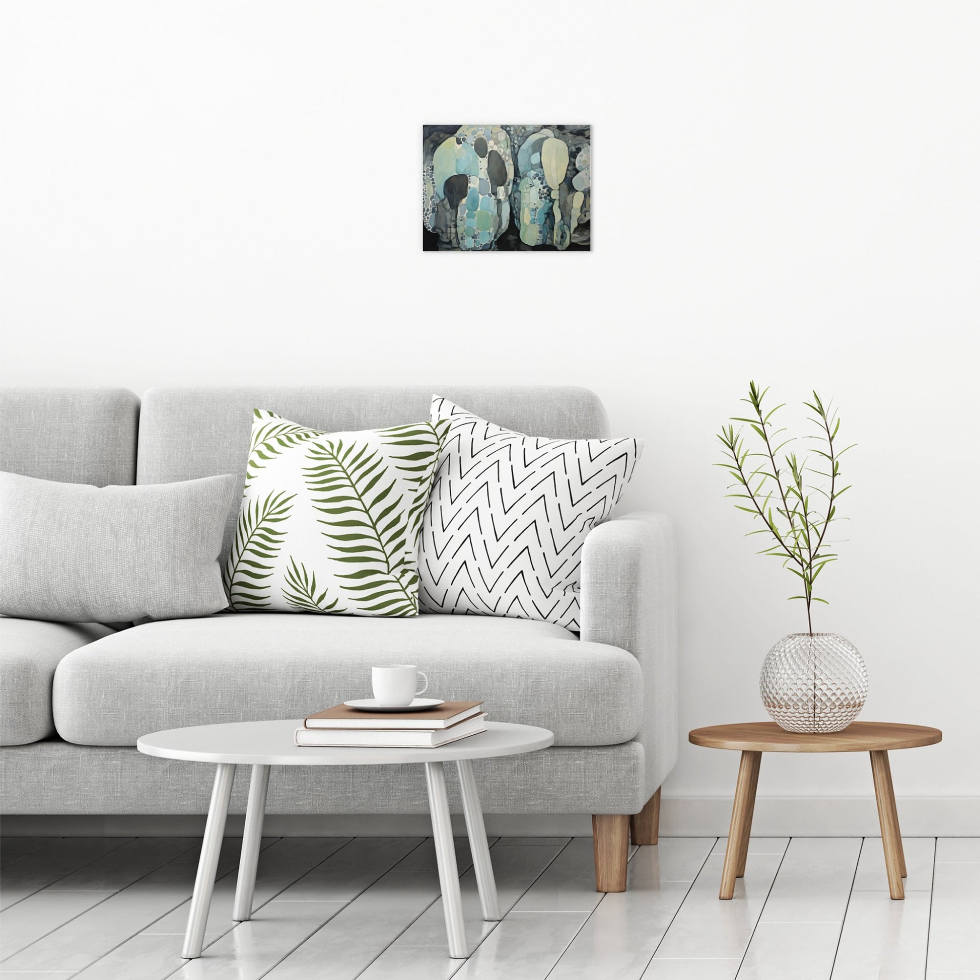 A contemporary modern room view showing a small size metal art poster display plate with printed design of a Blue Rocks Abstract Painting
