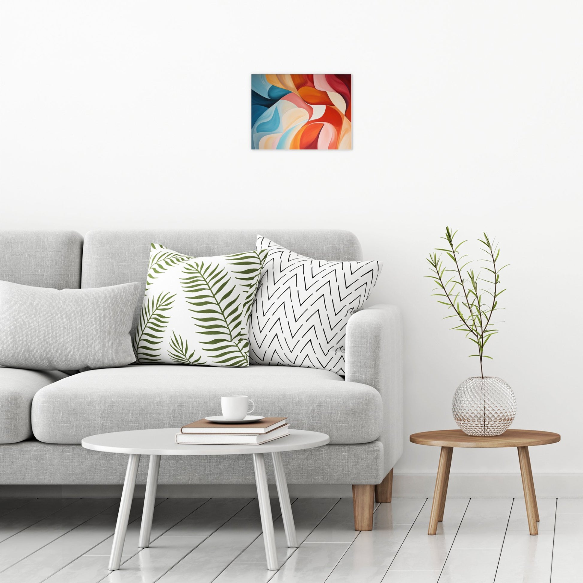 A contemporary modern room view showing a small size metal art poster display plate with printed design of a Turbulence Abstract Painting