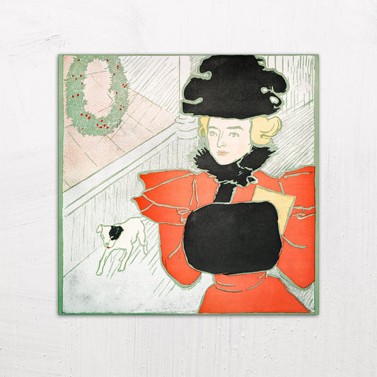 A large size metal art poster display plate with printed design of a Lady in Red Vintage Christmas Card by Edward Penfield (1890)