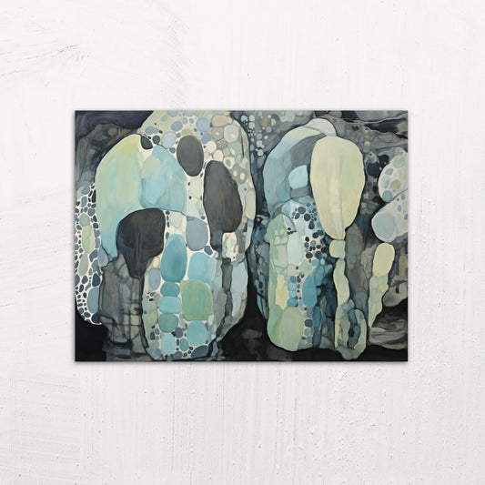 A medium size metal art poster display plate with printed design of a Blue Rocks Abstract Painting
