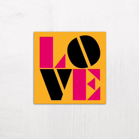 A medium size metal art poster display plate with printed design of a Typographic Love Design