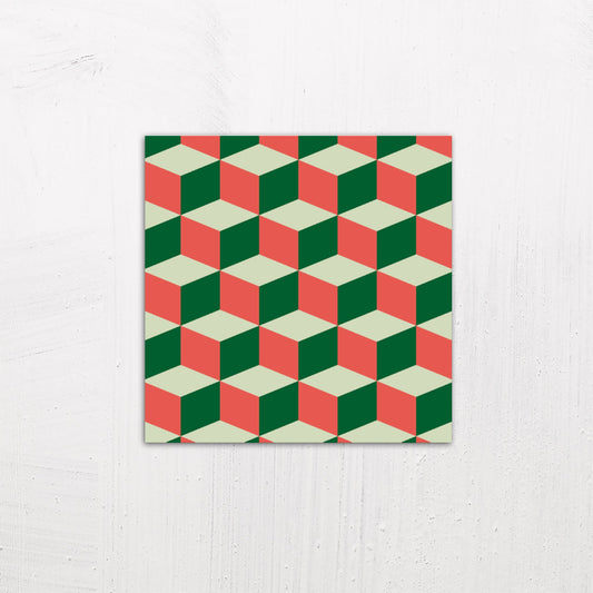A medium size metal art poster display plate with printed design of a Blocks Geometric Pattern in Red and Green