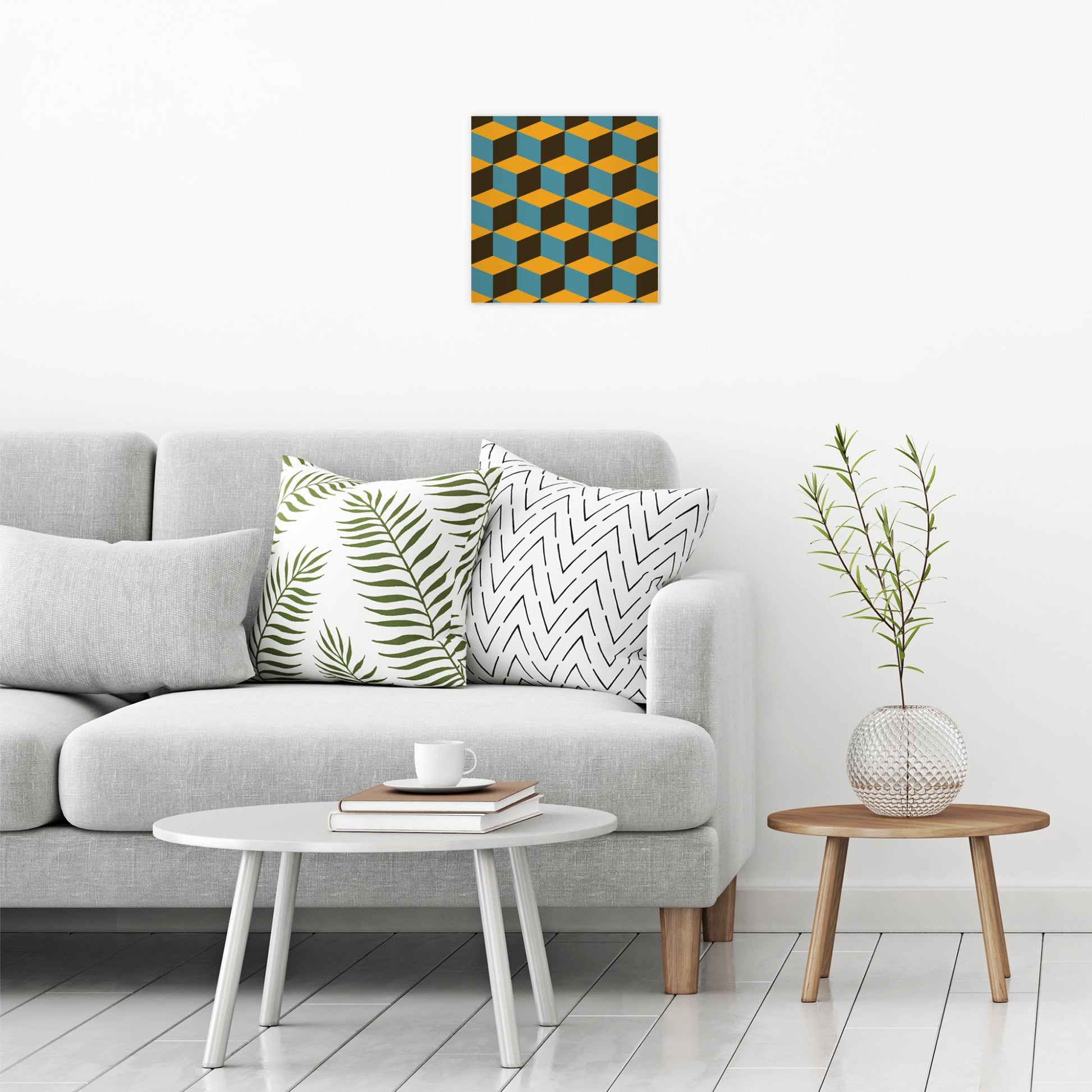 A contemporary modern room view showing a medium size metal art poster display plate with printed design of a Blocks Geometric Pattern in Brown, Blue and Mustard