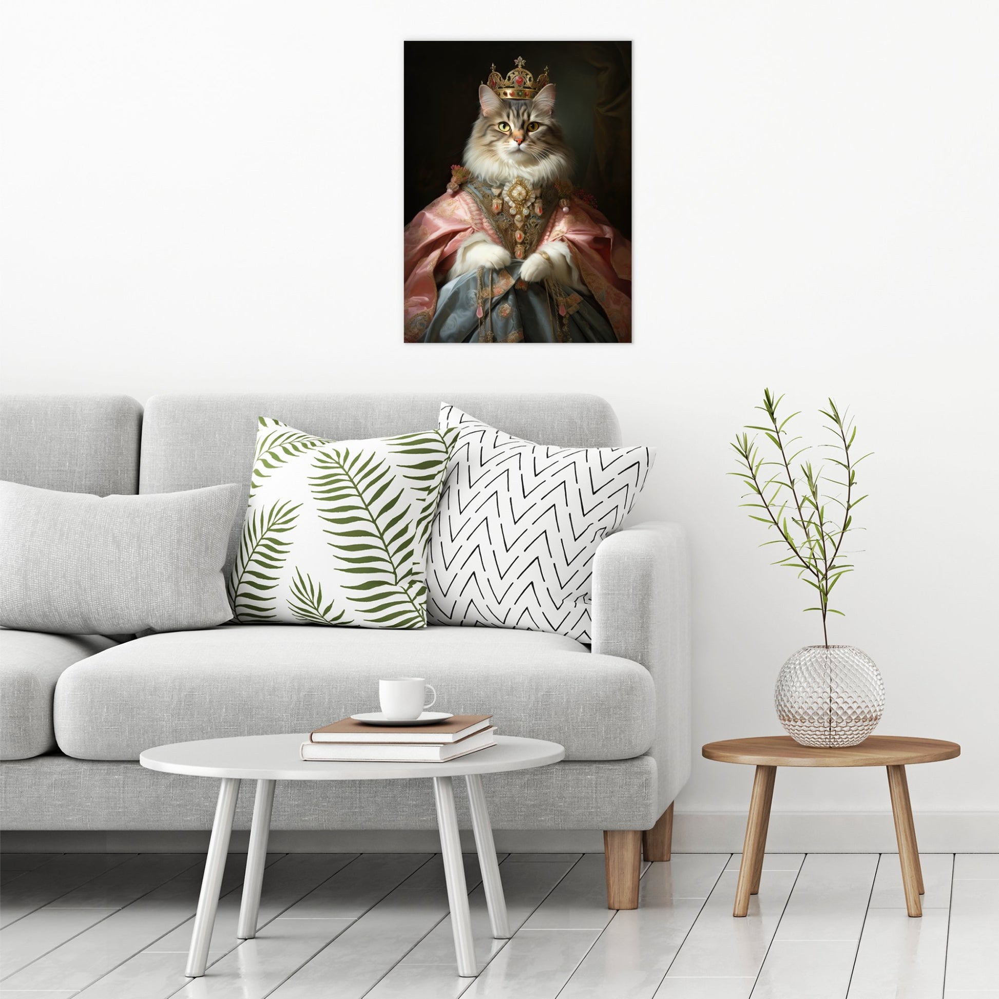 A contemporary modern room view showing a large size metal art poster display plate with printed design of a Pet Portraits - Princess Kitty Painting
