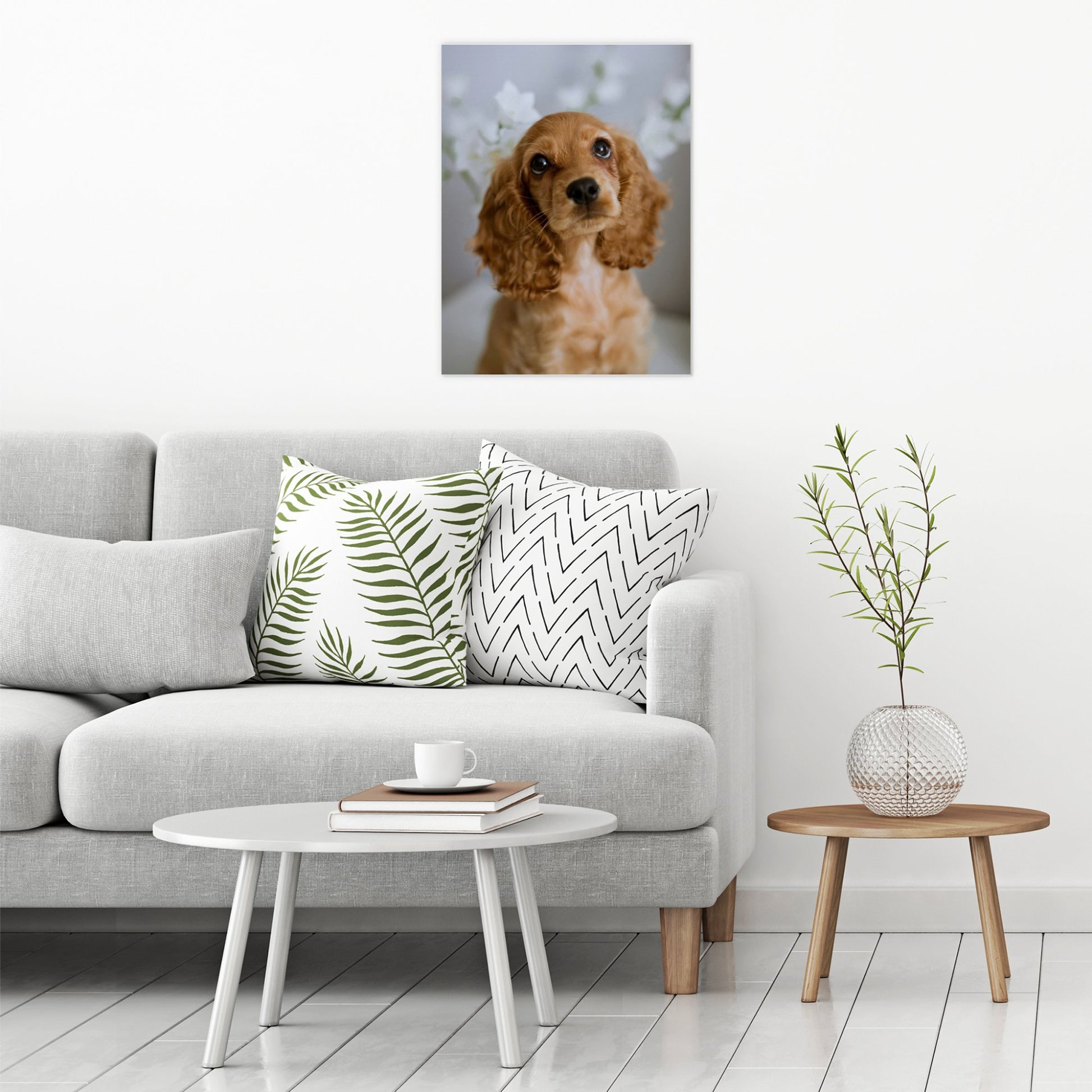 A contemporary modern room view showing a large size metal art poster display plate with printed design of a Cute Golden Cocker Spaniel