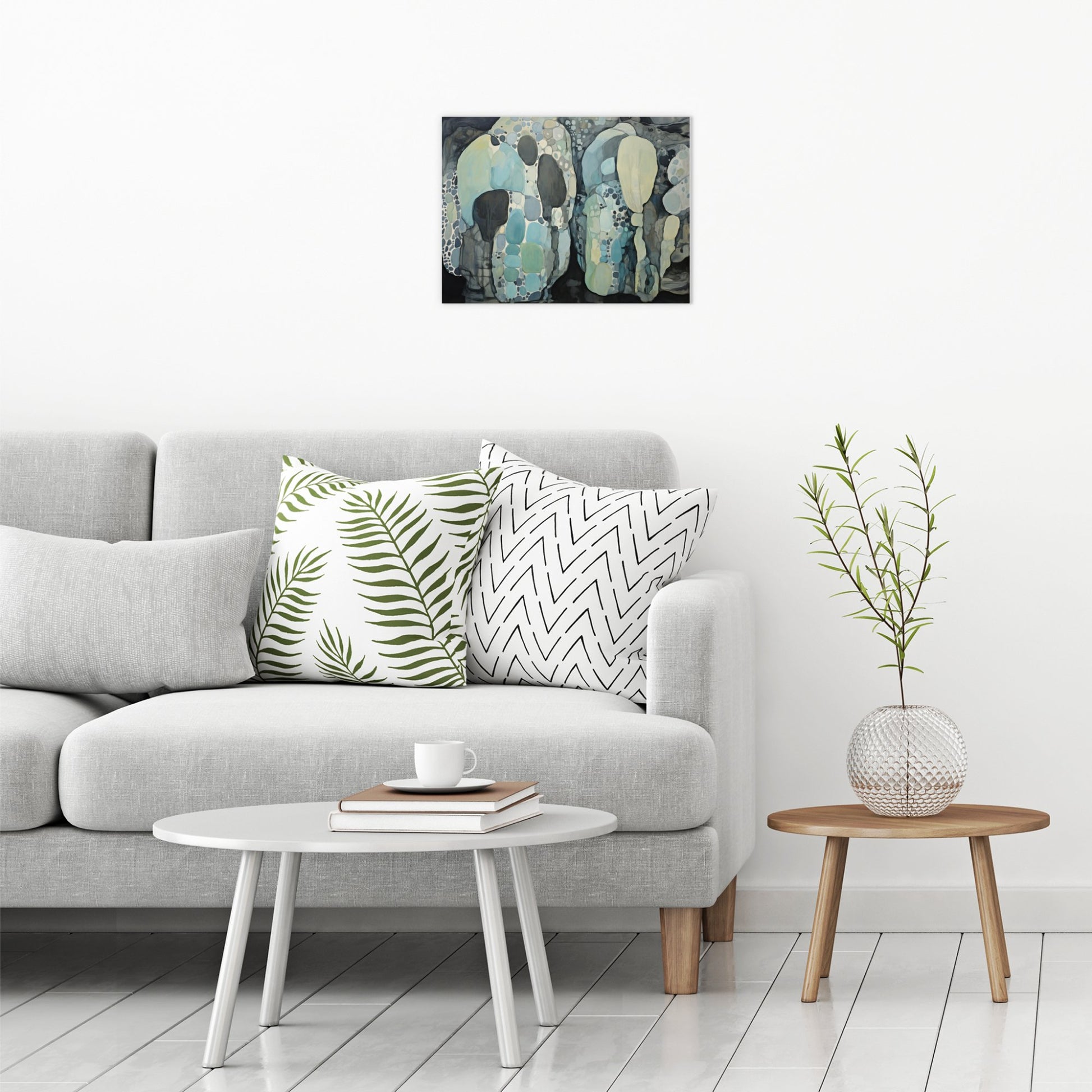 A contemporary modern room view showing a medium size metal art poster display plate with printed design of a Blue Rocks Abstract Painting