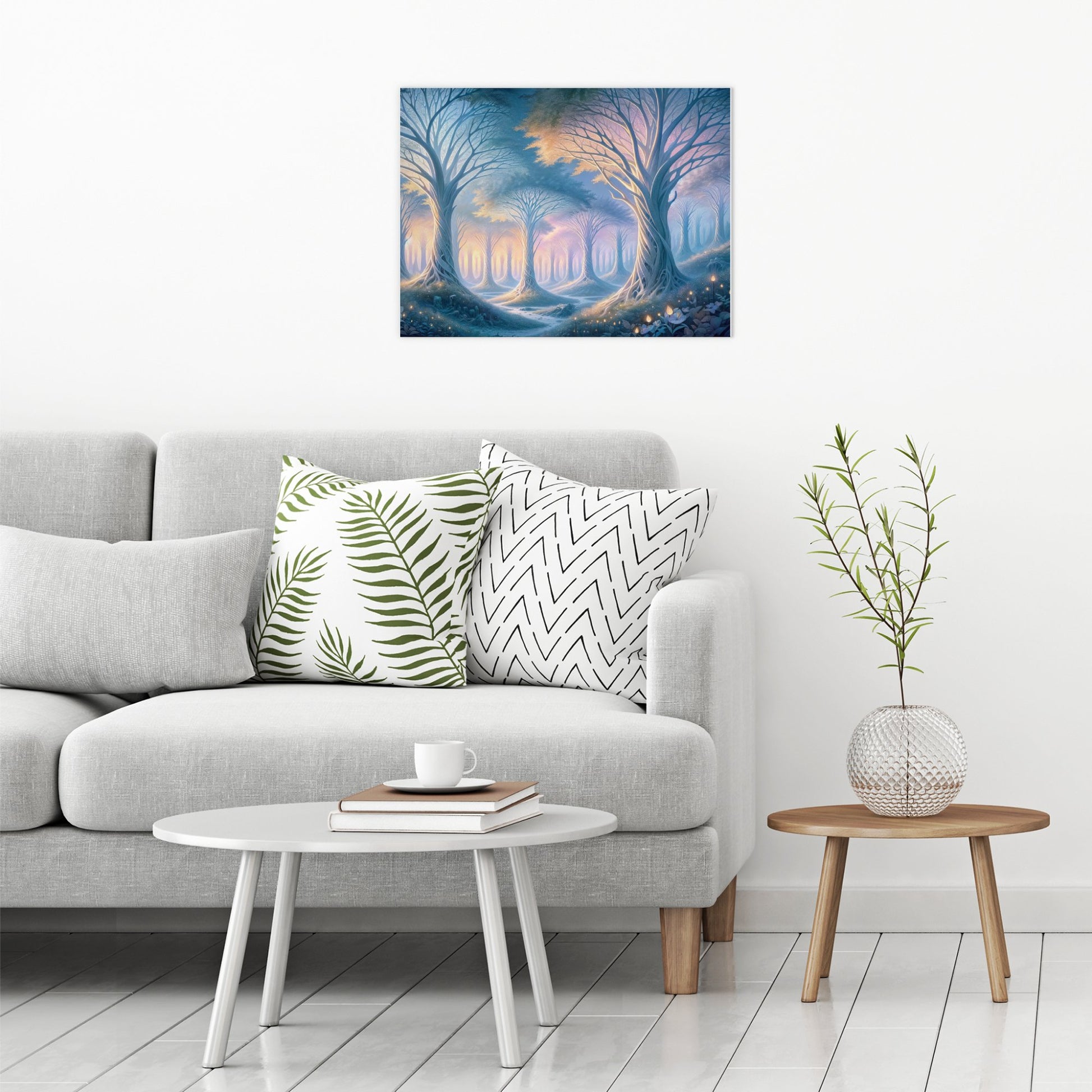 A contemporary modern room view showing a large size metal art poster display plate with printed design of a Mystical Forest