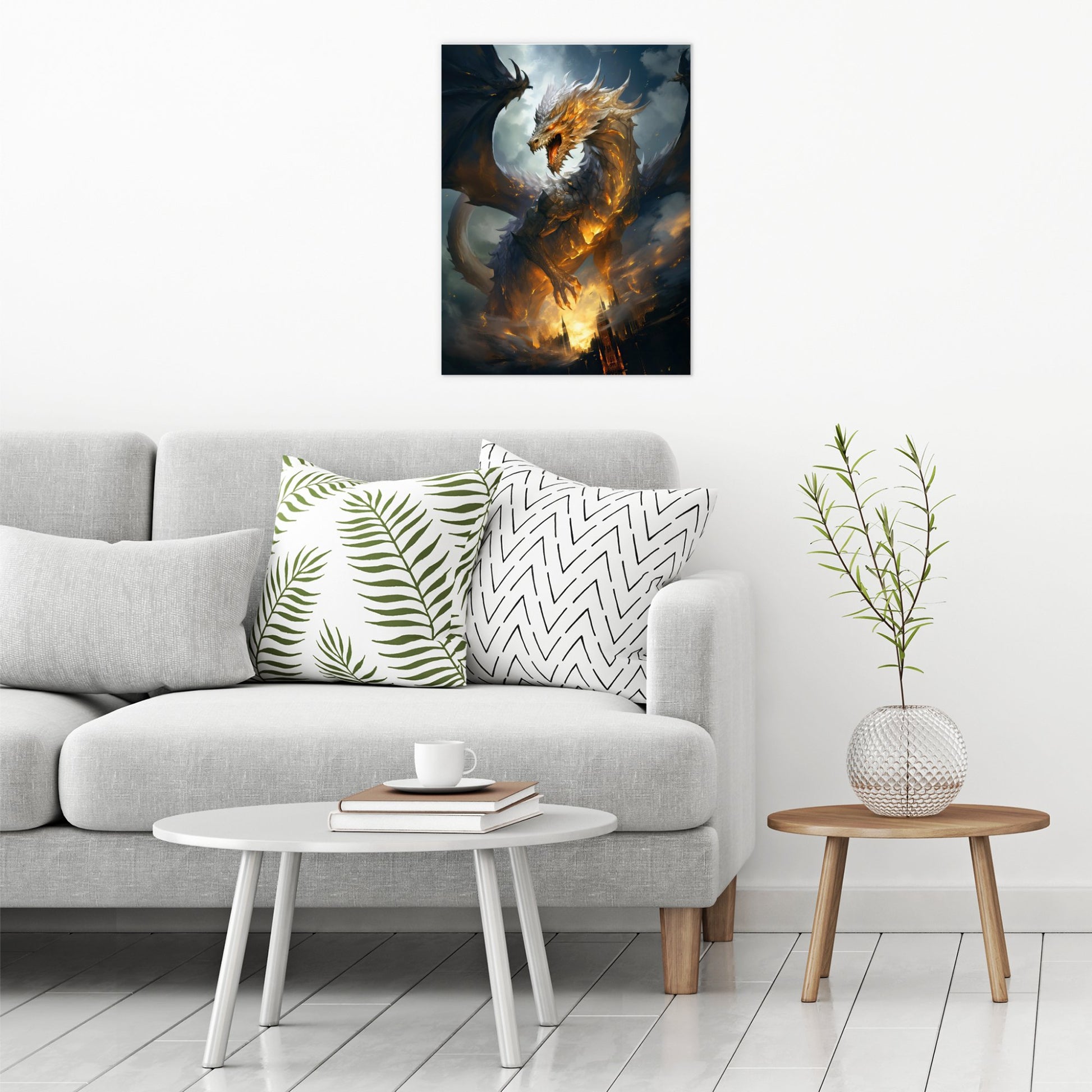 A contemporary modern room view showing a large size metal art poster display plate with printed design of a Golden Dragon Fantasy Painting