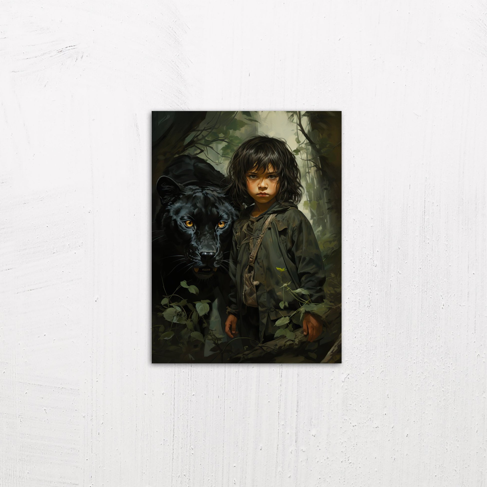A small size metal art poster display plate with printed design of a Boy and Black Panther Fantasy Painting