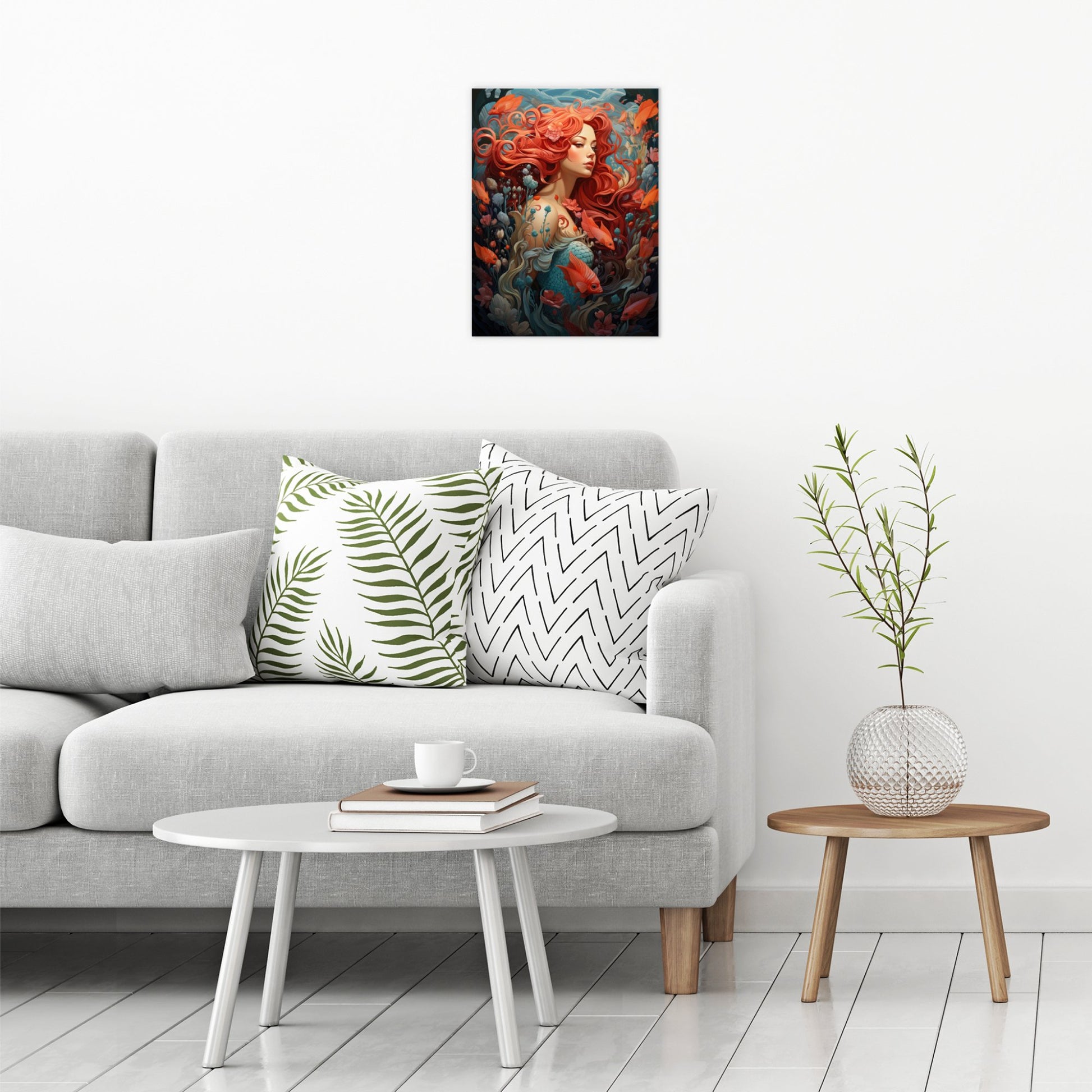 A contemporary modern room view showing a medium size metal art poster display plate with printed design of a Mermaid Fantasy Painting