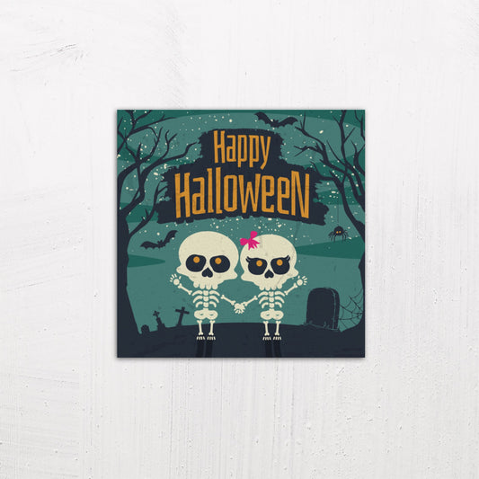 A medium size metal art poster display plate with printed design of a Happy Halloween Cute Skeletons