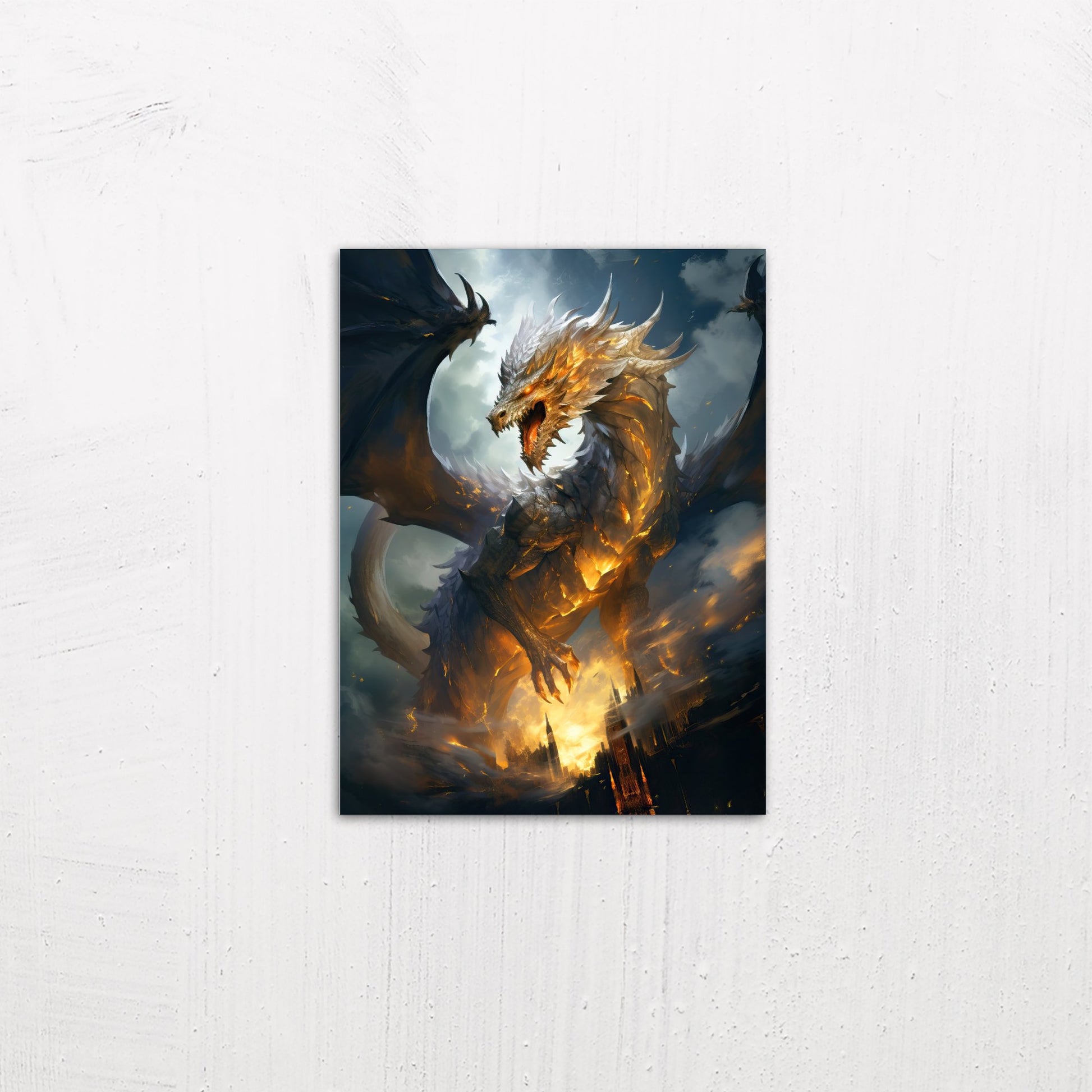A small size metal art poster display plate with printed design of a Golden Dragon Fantasy Painting