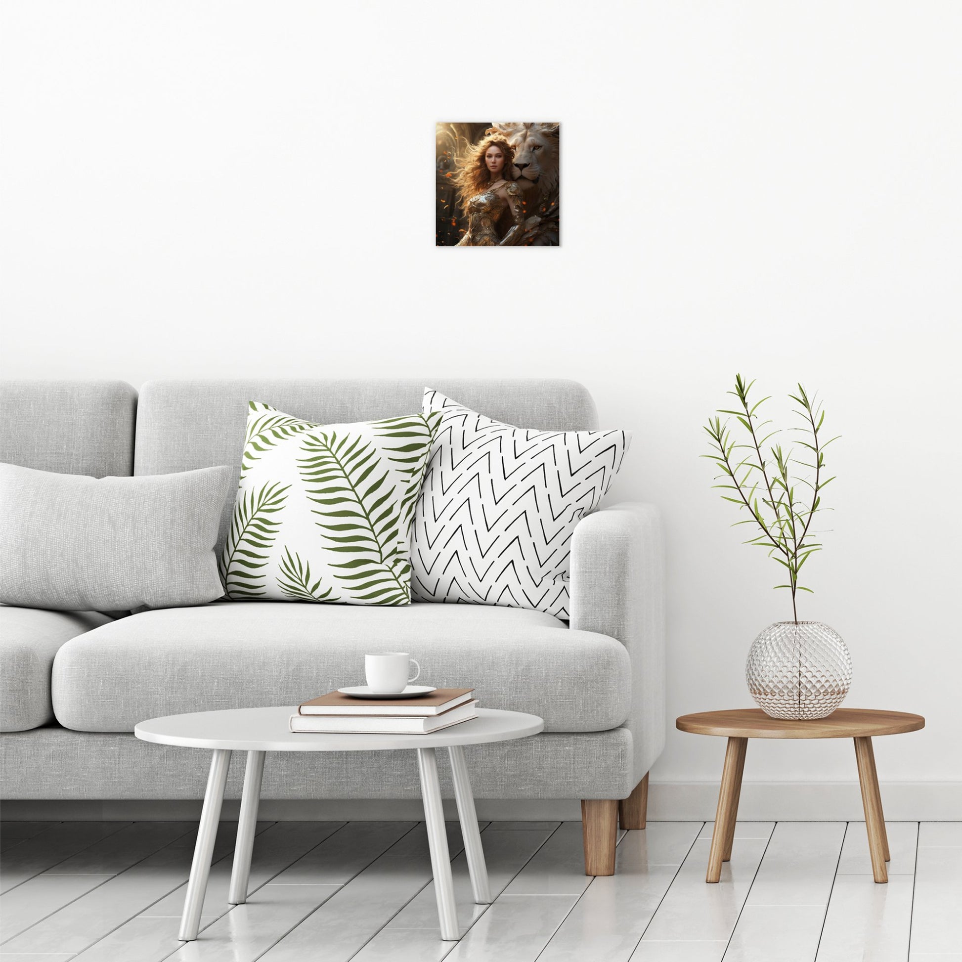 A contemporary modern room view showing a small size metal art poster display plate with printed design of a Girl with a White Lion