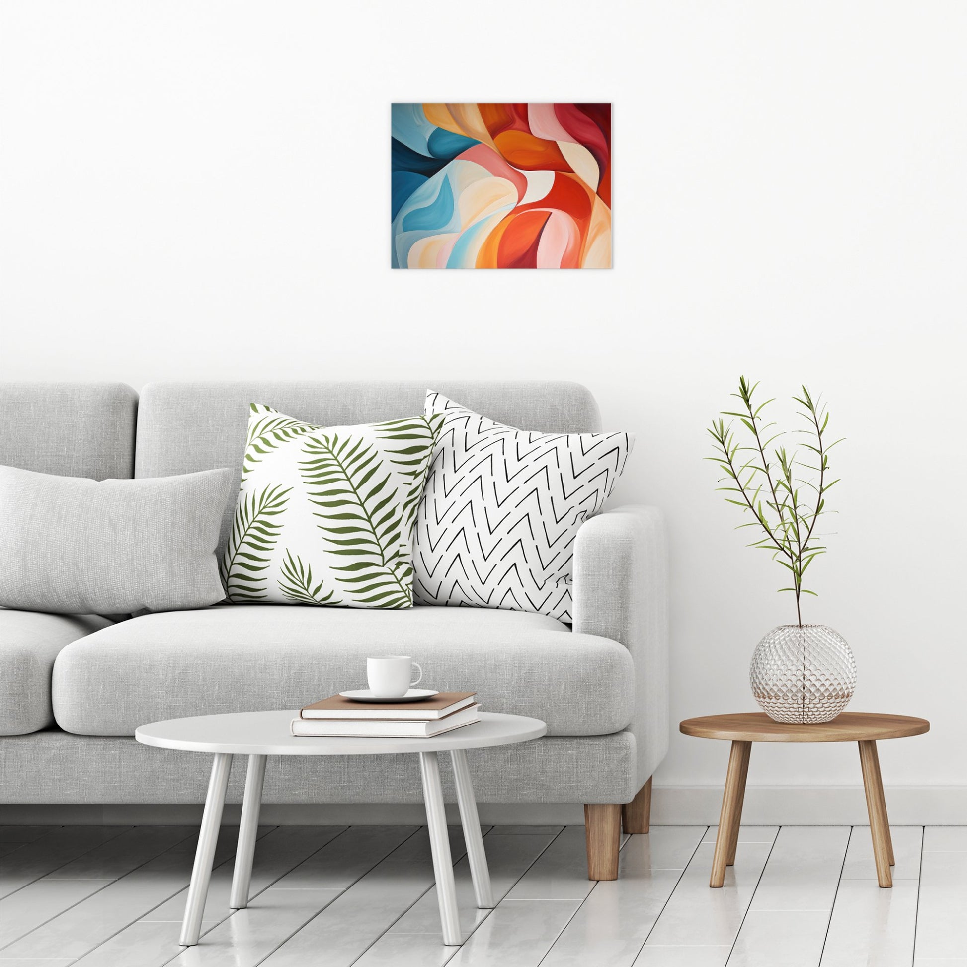 A contemporary modern room view showing a medium size metal art poster display plate with printed design of a Turbulence Abstract Painting