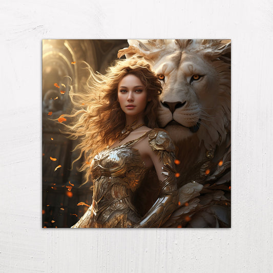 A large size metal art poster display plate with printed design of a Girl with a White Lion