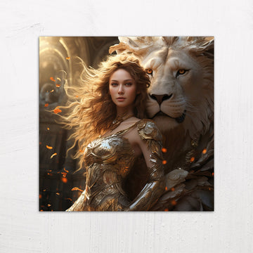 A large size metal art poster display plate with printed design of a Girl with a White Lion