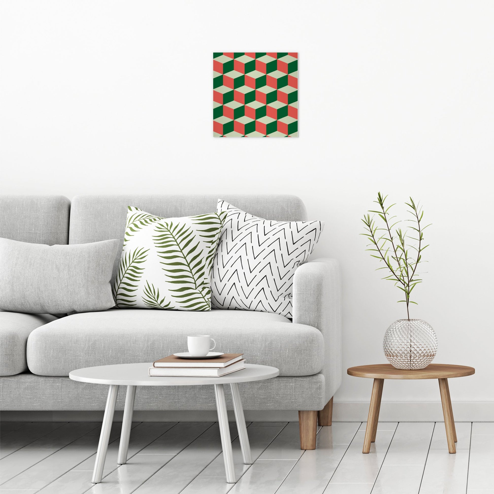 A contemporary modern room view showing a medium size metal art poster display plate with printed design of a Blocks Geometric Pattern in Red and Green