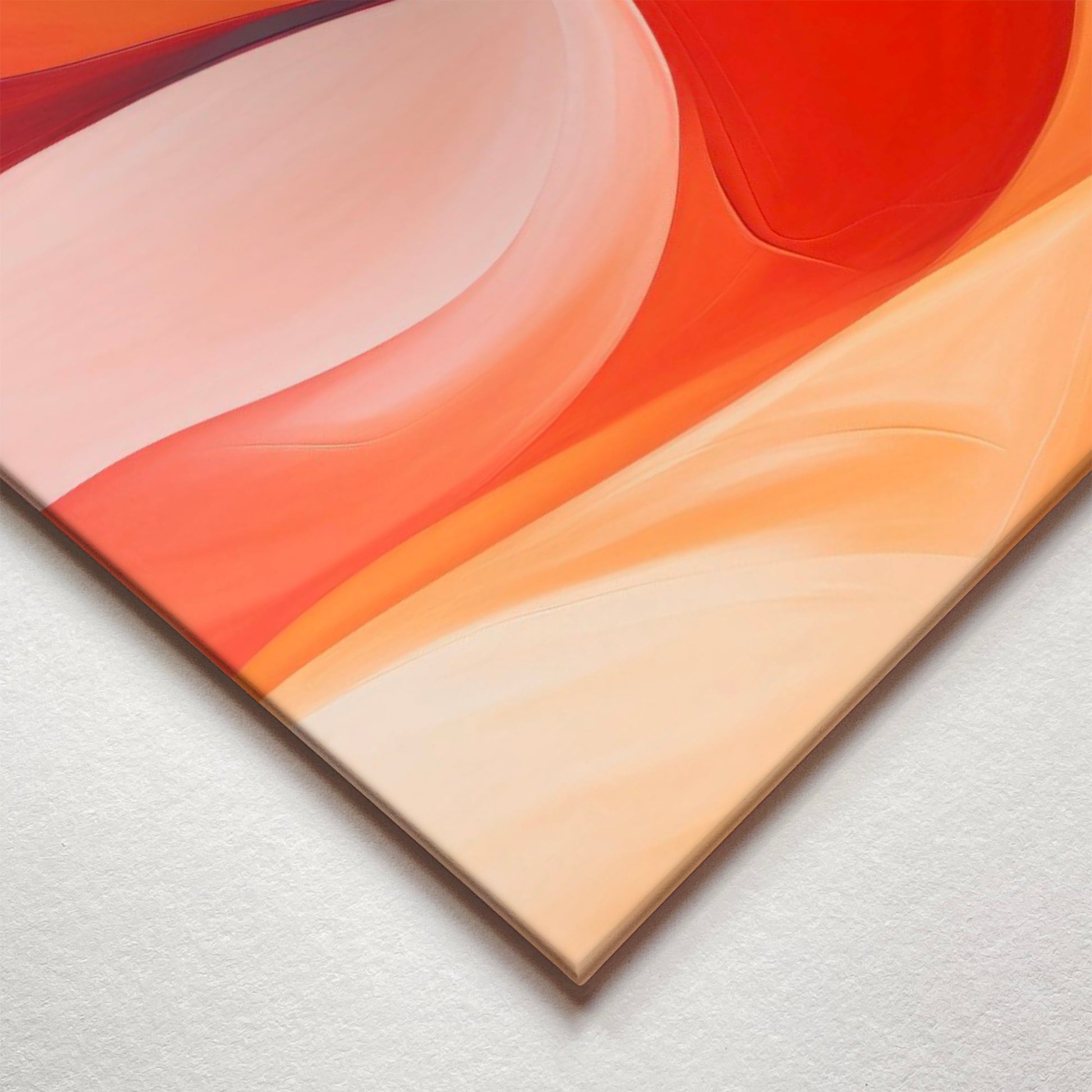 A closeup corner detail view of a metal art poster display plate with printed design of a Turbulence Abstract Painting