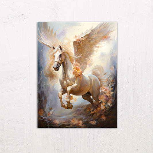 A medium size metal art poster display plate with printed design of a Pegasus Flying Horse Fantasy Painting