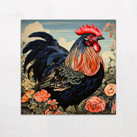 A large size metal art poster display plate with printed design of a Cockerel Among the Flowers illustration