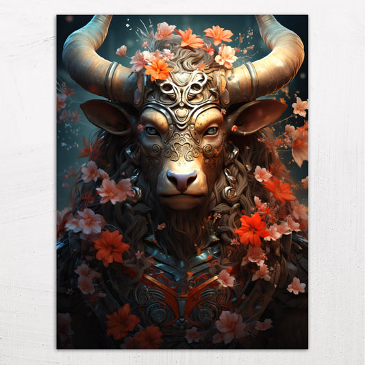 A large size metal art poster display plate with printed design of a Magical Minotaur Fantasy Painting