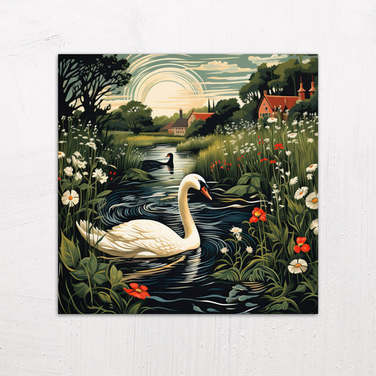 A large size metal art poster display plate with printed design of a Swan at Sundown illustration