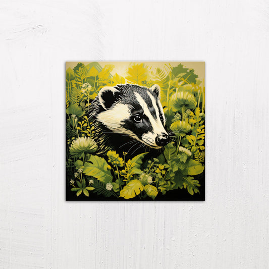 A medium size metal art poster display plate with printed design of a Badger in the Garden illustration