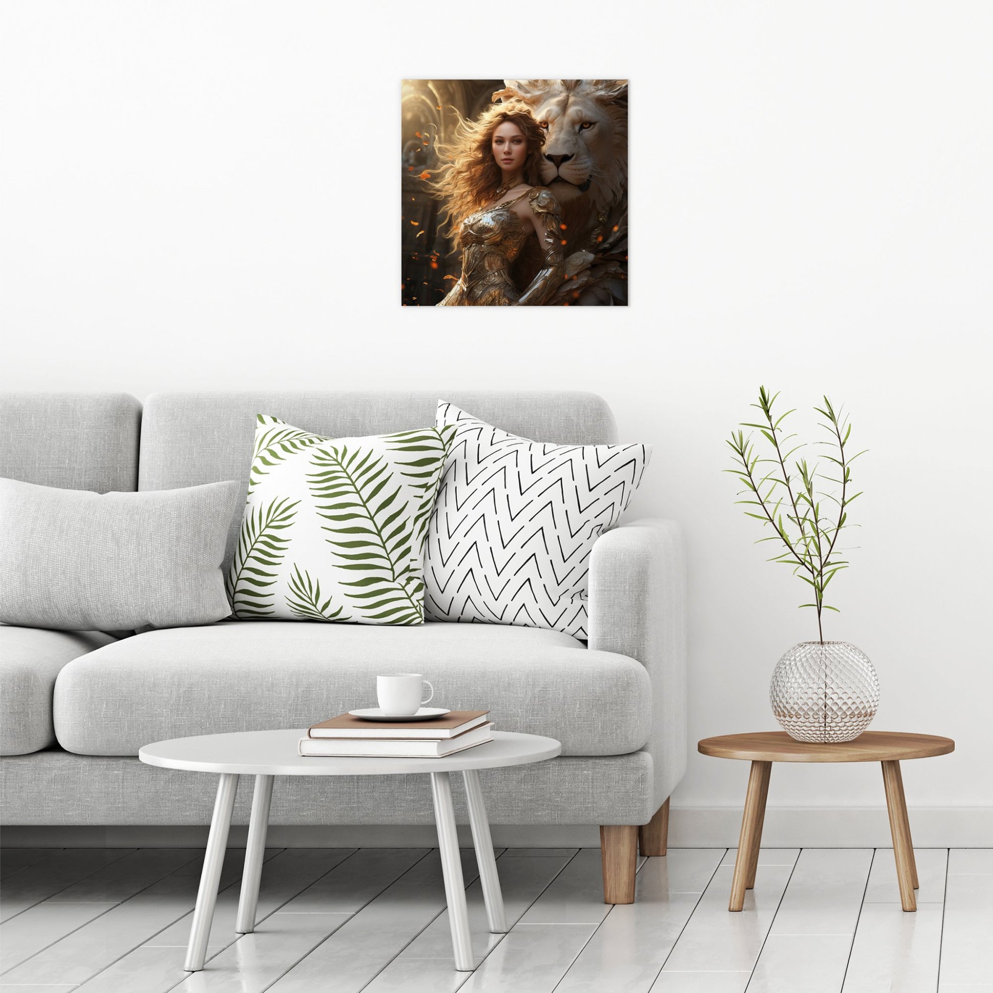 A contemporary modern room view showing a large size metal art poster display plate with printed design of a Girl with a White Lion